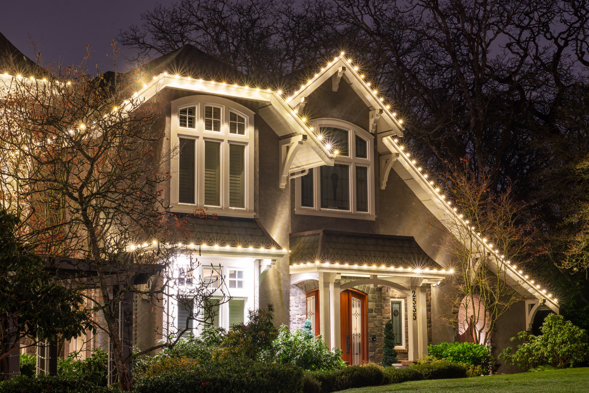 Home after professional holiday lighting installation