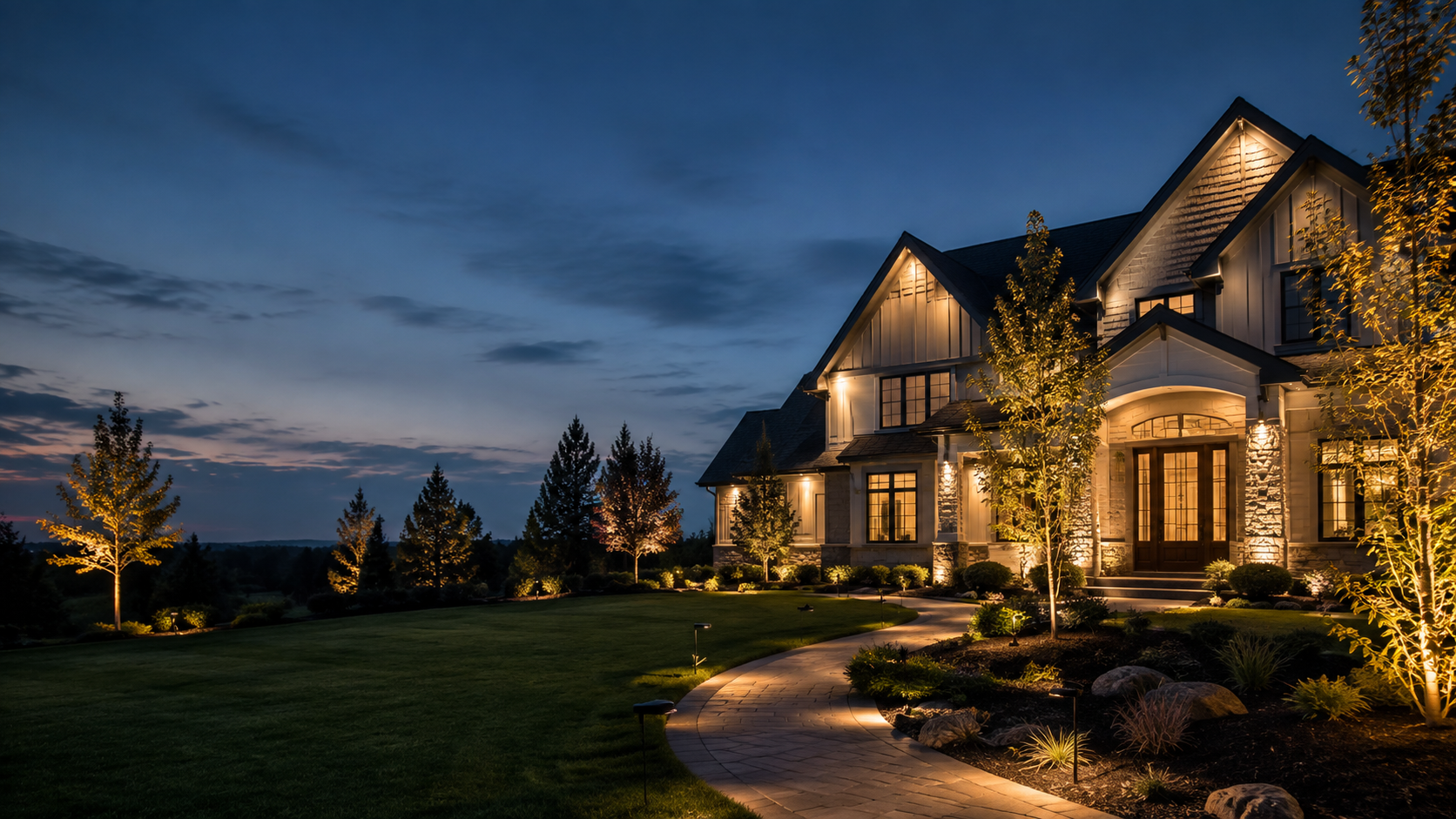 Landscape lighting installed around a home