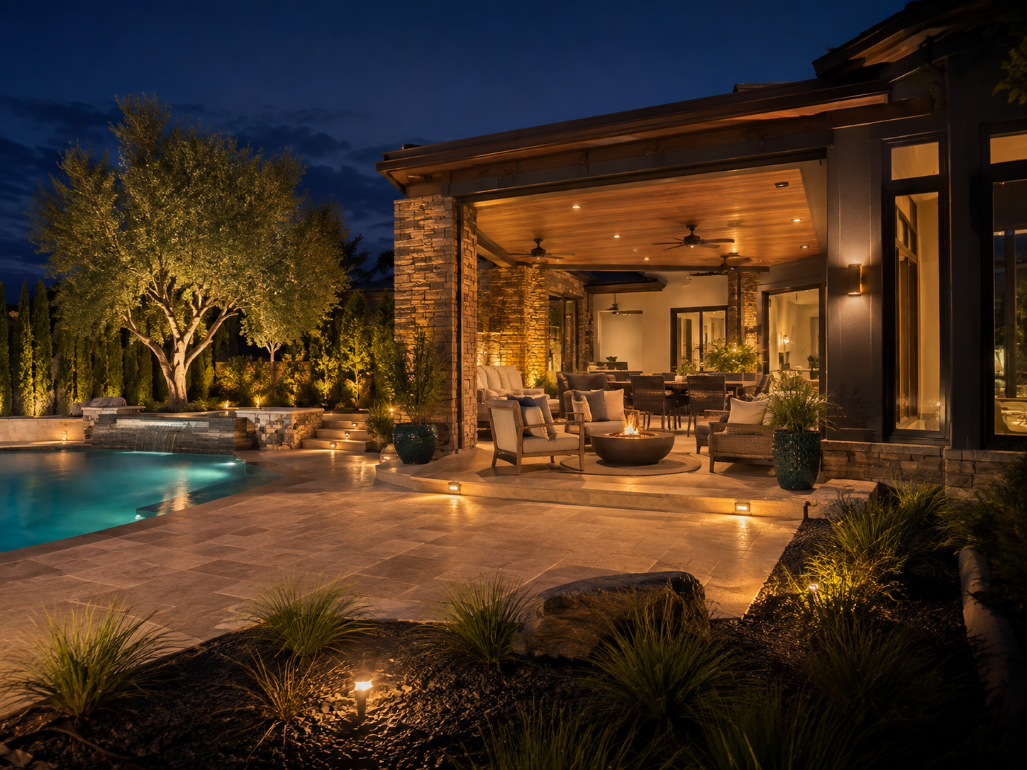 Permanent LED lighting installed along the roofline of a Jefferson home